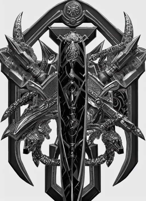 Image similar to a black and silver sword skull crest, orthographic, ornament, weapon, a 2 d render by dom qwek, front side, concept art, trending on polycount, artstation, hard surface modeling, rendered in maya, zbrush, hd, vray, blizzard, symmetry