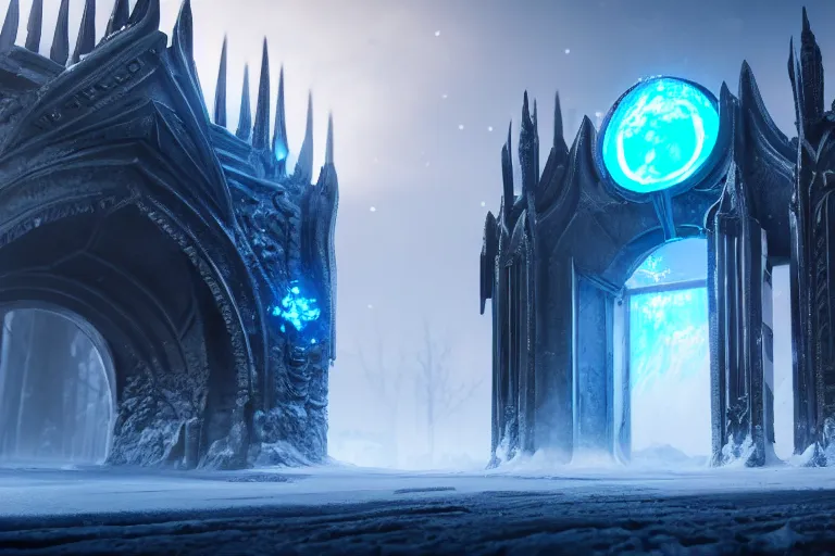 Image similar to a very detailed concept art of epic gates to frost, trending on artstation, symmetry, digital art, 4 k, hyper realistic, octane render, sharp focus