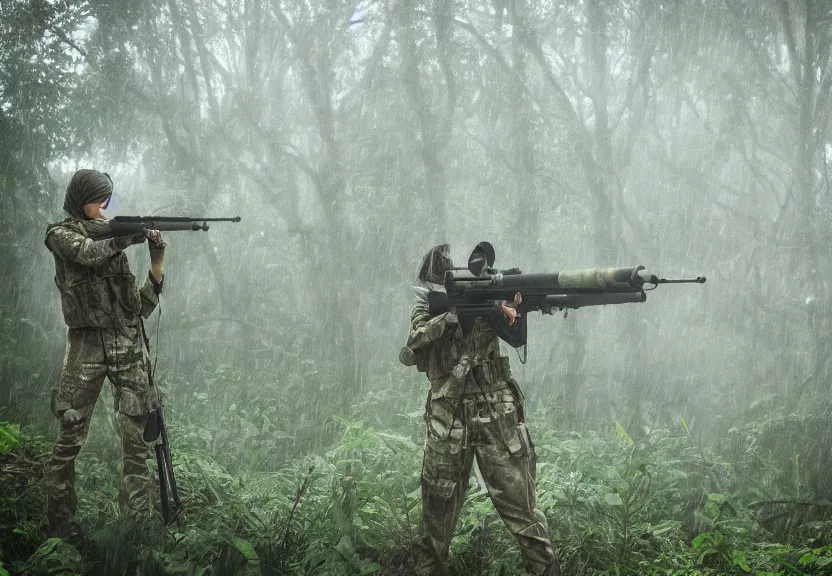 Prompt: female tactical sniper hiding in the jungle artwork rain diffuse elegant prefect symmetrical focus foggy mist