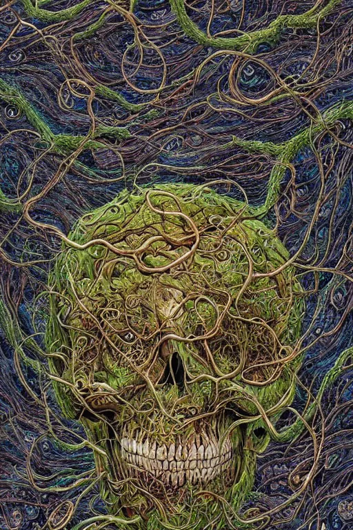 Image similar to Floating skull shaped island made of vines and earthart by visionary artist peter gric in hyperdetailed surreal fantastic style. Floating skull by hannah yata in visionary-psychedelic style earthart skull generative artwork by midjourney. Spiritual shamanic artifact skull decorated with gems and gold by billelis polished ominous photorealistic mysterious intricate hyperdetailed galactic expansive ethereal elemental detailed complex Earthart skull collage generated in discodiffusion or dall-e2 trending on Artstation hyperdetailed 8k resolution concept art 64 megapixels 8K resolution depth of field DSLR subtractive lighting tilt-shift wide-angle lens Skull made of smaller skulls made of smaller skulls surrealist fractal art gigapixel resolution 8K 3D | CGSociety | volumetric light | lightrays | smoke | cinematic | atmospheric | octane render | insanely detailed and intricate | hypermaximalist | elegant | ornate | luxury | elite | Floating skull hyperdetailed insanely complex artwork by psikodelicious art & design | gigapixel render | visions of chaos | midjourney | discodiffusion | complex hyperdetailed fantastic realism artwork made with dall-e2