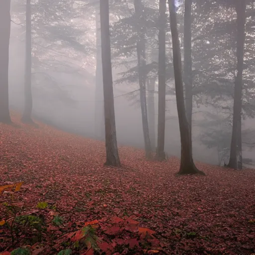 Prompt: dusk, fog 5 0 % visibility, gray wood forest and reddish leaves.