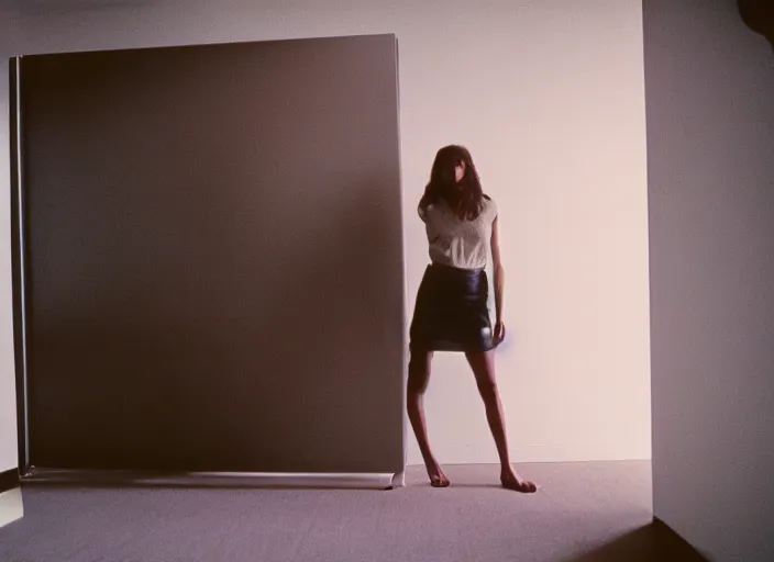 Image similar to photograph of young woman standing in front of radiating monolith in suburban living room, crisp focus, highly detailed, in roger deakins style, 3 5 mm ektachrome