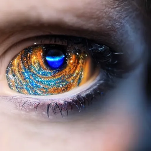 Image similar to close - up photo of woman's eyes filled with cosmic nebula, wonder, awe, dramatic