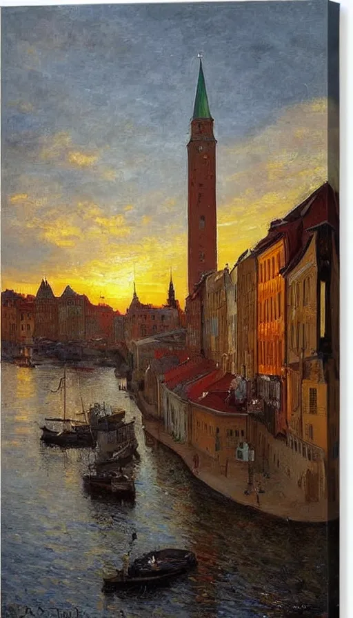 Prompt: still-life painting of Gamla Stan at sunset, by Peder Krøyer, golden hour, dramatic lighting, volumetric lighting, intricately detailed, canvas print