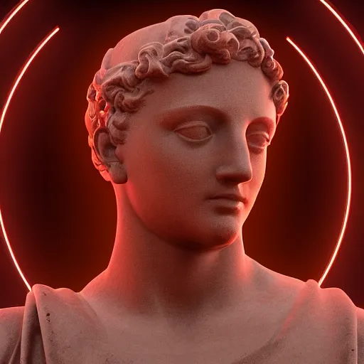 Image similar to a renaissance statue surrounded by a 3 d neon ring 3 d render, black background, ray tracing, 8 k resolution, shar focus, hyper detailed, hyper realistic