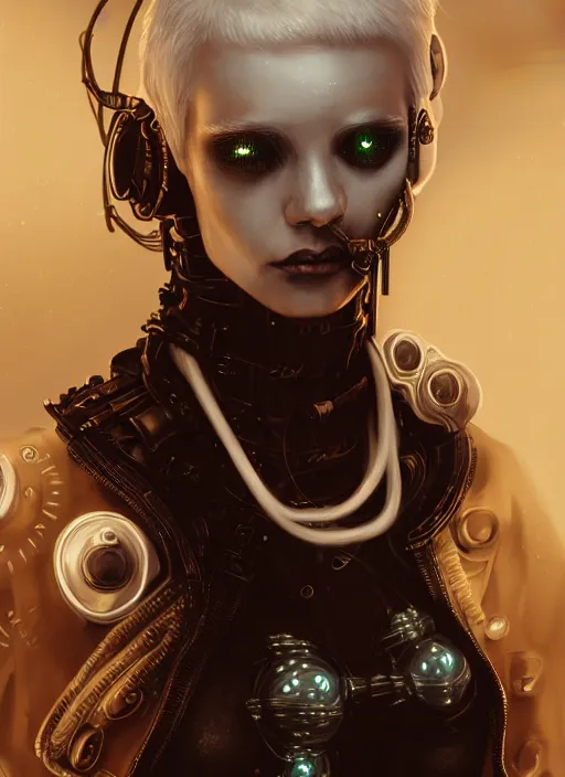 Image similar to soft lustrous ivory ebony biotech raver gutter punk gothic steampunk cyborg, golden ratio, details, scifi, fantasy, cyberpunk, intricate, decadent, highly detailed, digital painting, octane render, artstation, concept art, smooth, sharp focus, illustration, art by artgerm, loish, wlop