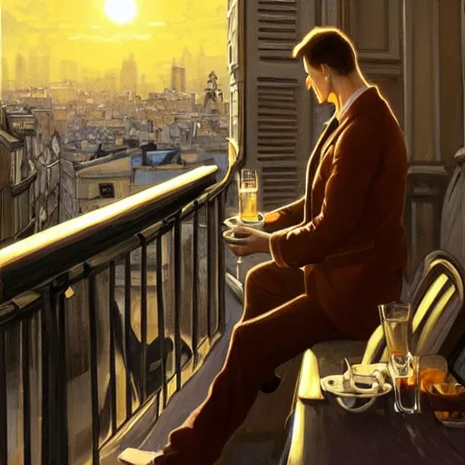 Prompt: elegant man drinking coffee at balcony in paris, city seen behind, moody sunset, intricate, elegant, highly detailed, digital painting, artstation, concept art, matte, sharp focus, illustration, art by artgerm and greg rutkowski and alphonse mucha, 4 k, smooth,