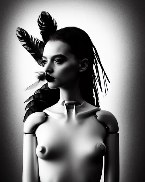 Prompt: surreal mythical dreamy dark artistic black and white fine art 3 / 4 portrait photo of a young delicate female robot - vegetal - human with long pale feathers, rim light, cinematic, studio dramatic light, poetic, octane render, 8 k, photo - realistic