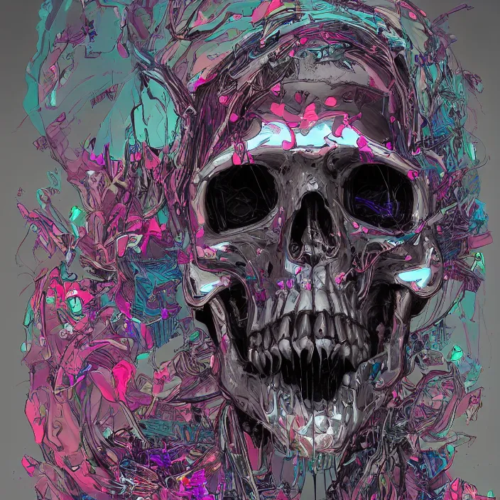 Prompt: a beautiful painting of a cyberpunk skull by james jean and pascal blanche and julian calle and nekro. in style of colorful comic noir illustration, symmetry, sci fi, hyper detailed. octane render. trending on artstation