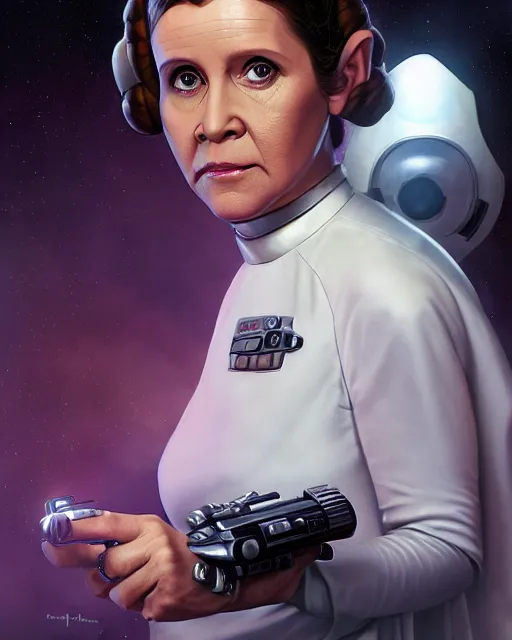 Prompt: portrait of princess leia on the millennium falcon, star wars, gta v, hyper realistic, glamorous pose, ambient lighting, concept art, intricate, hyper detailed, smooth, action, volumetric lighting, george lucas, arney fretag, ralph mcquarrie, octane