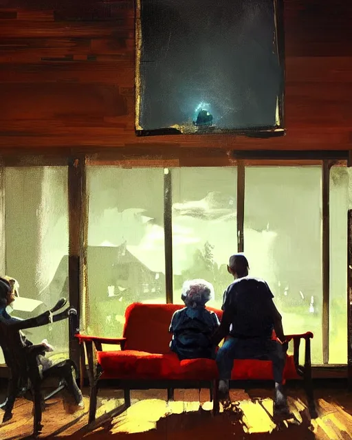 Prompt: old couple sitting on a couch in an old wooden house and looking at a scared boy flying in sky, psx game graphics , Adrian Ghenie painting