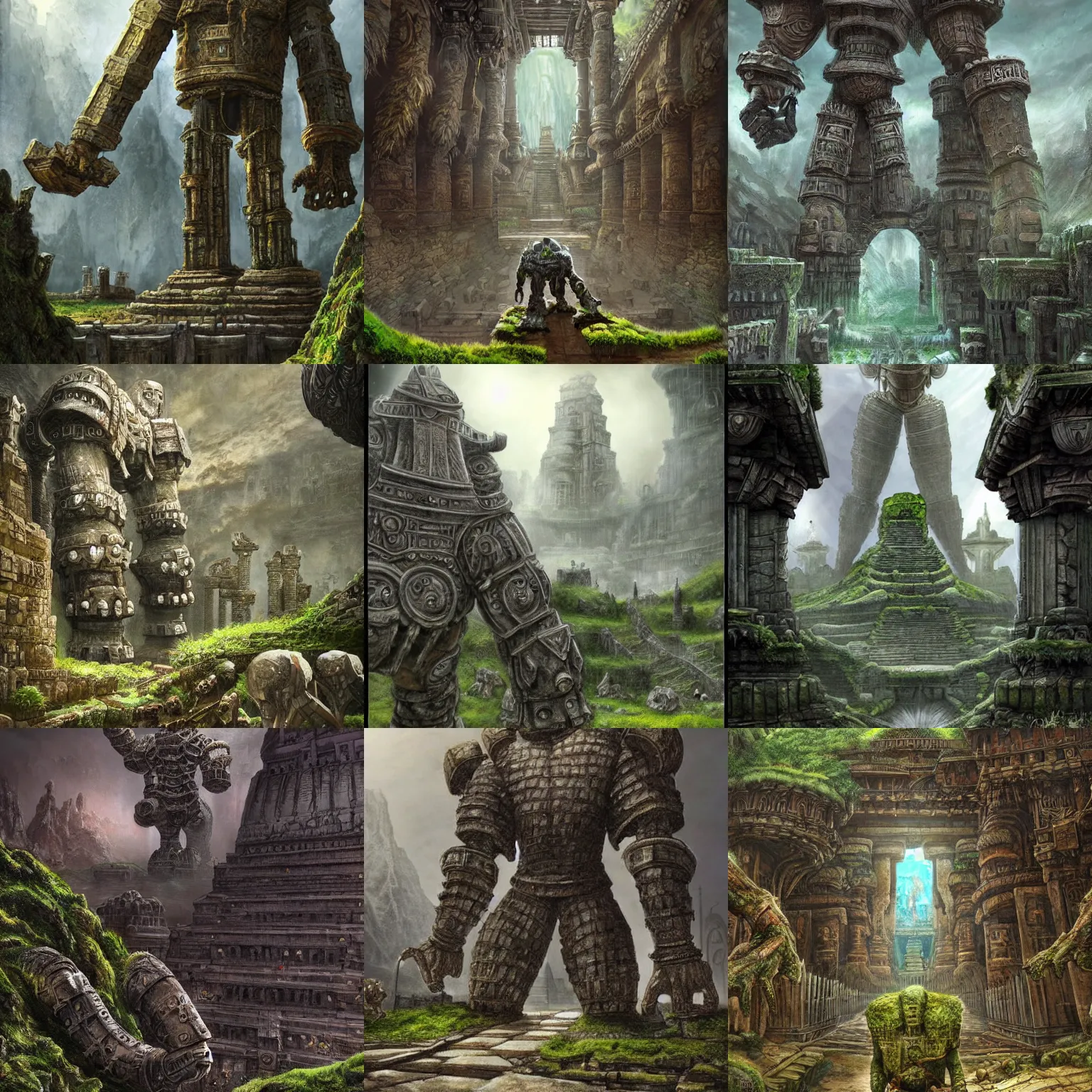 Prompt: massive iron golem guarding an ancient temple, epic fantasy art, highly detailed and intricate, underground, depth of view, crumbled bridge in the background, moss on the walls