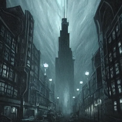 Prompt: dark city, creepy, night, eldritch horror