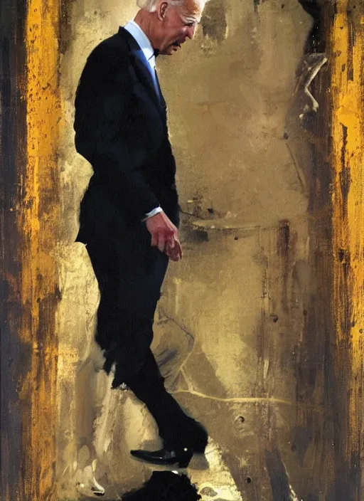 Image similar to joe biden peeing, painting by phil hale, fransico goya,'action lines '!!!, graphic style, visible brushstrokes, motion blur, blurry, visible paint texture, crisp hd image