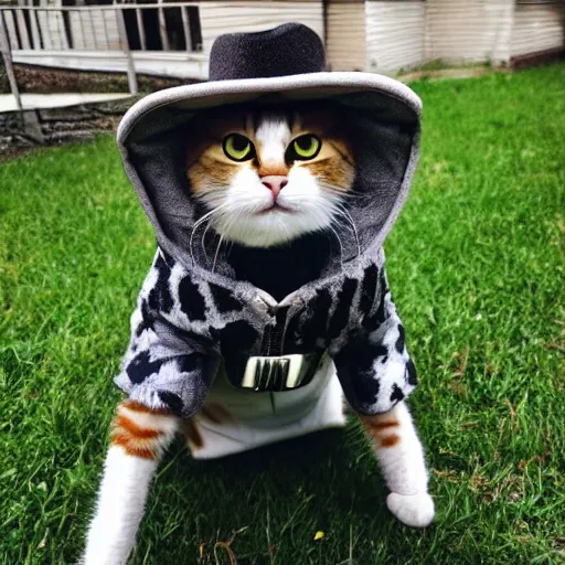 Prompt: photo of cat wearing jacket cowboy