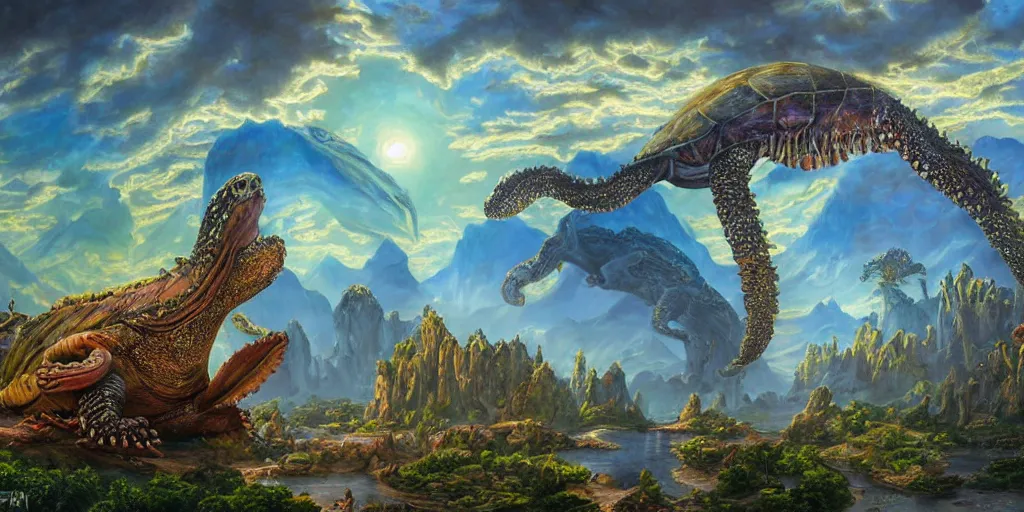 Image similar to fantasy oil painting, great leviathan, cybernetic turtle cephalopod terrapin reptilian pachyderm squid, bella hadid, hybrid, milla jovovich, anubis epic islamic city, natural light, lush plants flowers, spectacular mountains, bright clouds, luminous sky, outer worlds, golden hour, michael cheval, edward hopper, michael whelan, hd