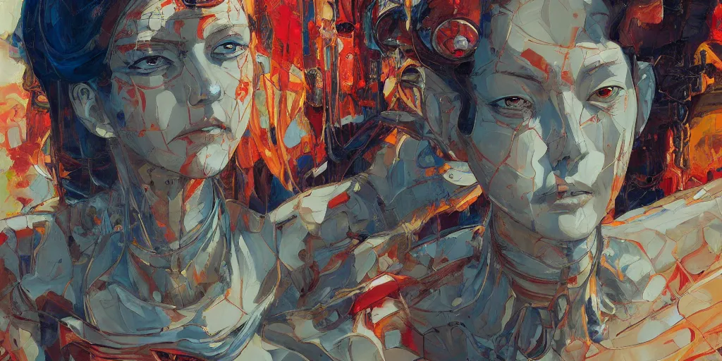 Image similar to gigantic oil painting art by james jean and satoshi kon and moebius, inspired by ghost in the shell anime, smooth face feature, intricate oil painting, high detail illustration, sharp high detail, manga and anime