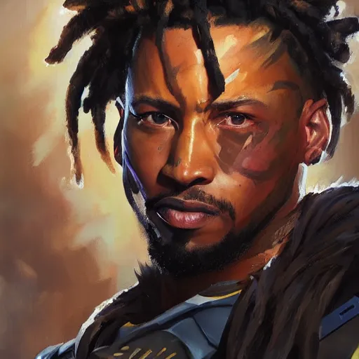 Image similar to greg manchess portrait painting of killmonger as an overwatch character, medium shot, asymmetrical, profile picture, organic painting, sunny day, matte painting, bold shapes, hard edges, street art, trending on artstation, by huang guangjian and gil elvgren and sachin teng