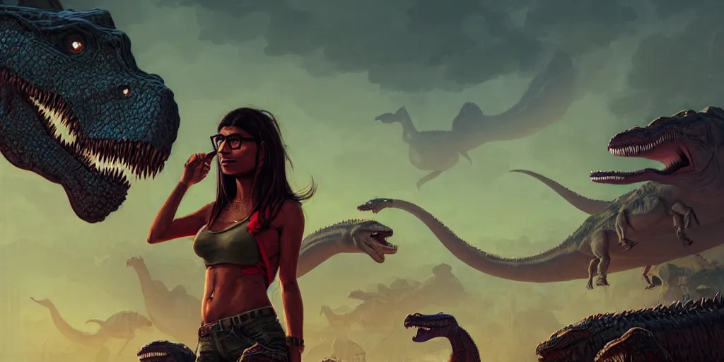 Image similar to mia khalifa fighting dinosaurs, detailed intricate illustration, dark atmosphere, detailed illustration, hd, 4 k, digital art, overdetailed art, by greg rutkowski, by loish, complementing colors, trending on artstation, deviantart