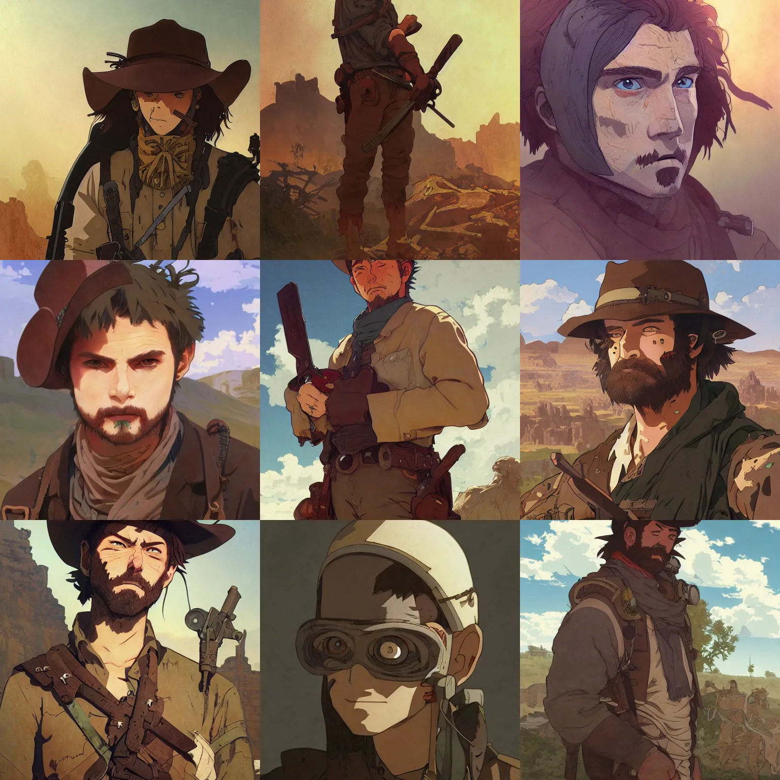 Prompt: post - apocalyptic cowboy, finely illustrated face, highly detailed, colored pencil, studio ghibli, animation still, in the style of ilya kuvshinov and krenz cushart and william - adolphe bouguereau and alphonse mucha