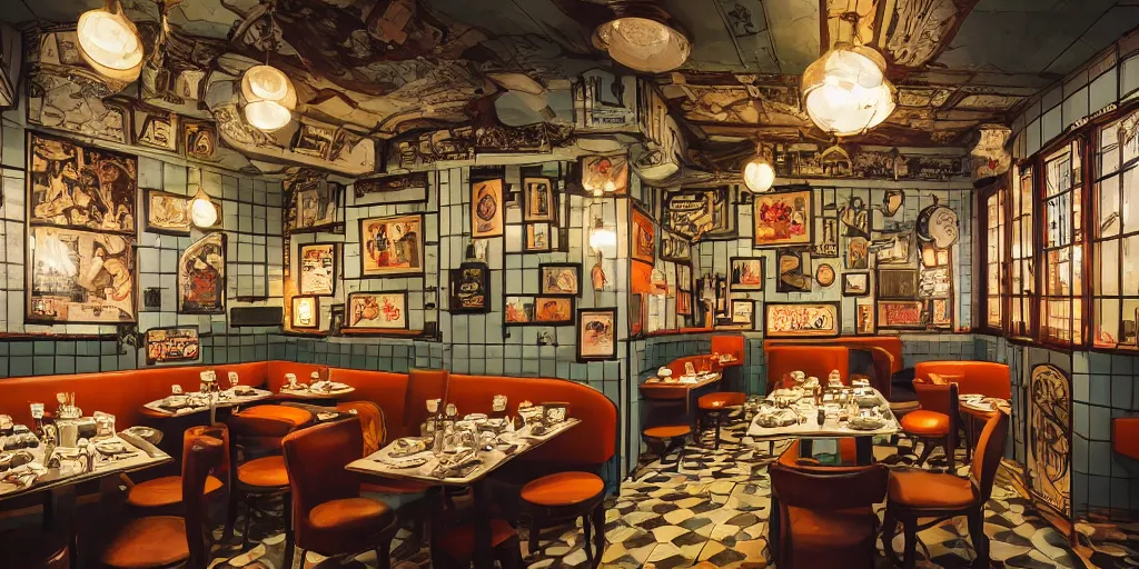 Prompt: isometric indoor vintage restaurant in a cubic room with victorian pictures on walls