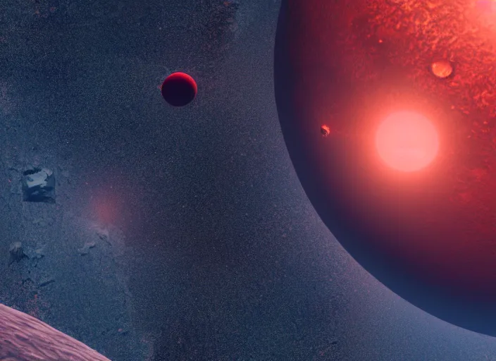 Image similar to a desolate planet orbitting a red star, hyperrealistic, nasa, octane render, 8k, denis villeneuve, realistic, space