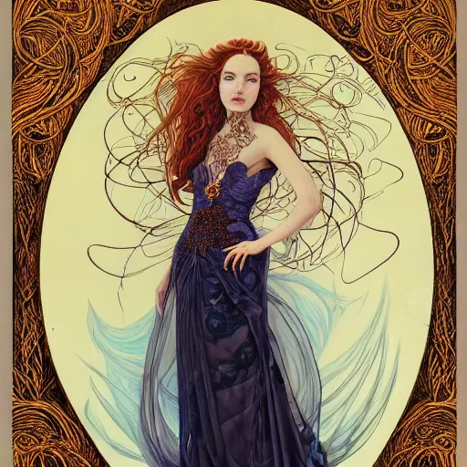 Image similar to facial portrait of a young pretty woman in flowing dress, arrogant, mysterious, long fine flowing hair, delicate, looking at camera, slightly awkward smile, realistic face, hands behind back, intricate, stylish, elegant, grimdark fantasy, flowers, art nouveau, extremely detailed painting inspired by Gerald Brom and Ernst Haeckel and Kaluta