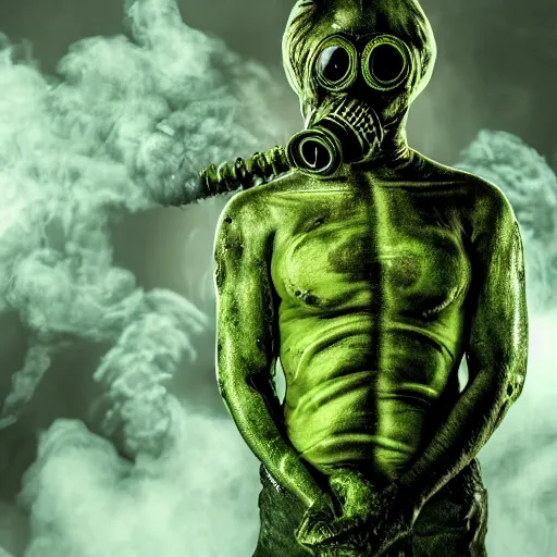 Prompt: human reptile hybrid with gas mask and green toxins popping from body full shot cinematographic high quality highly detailed ultra realistic 8 k