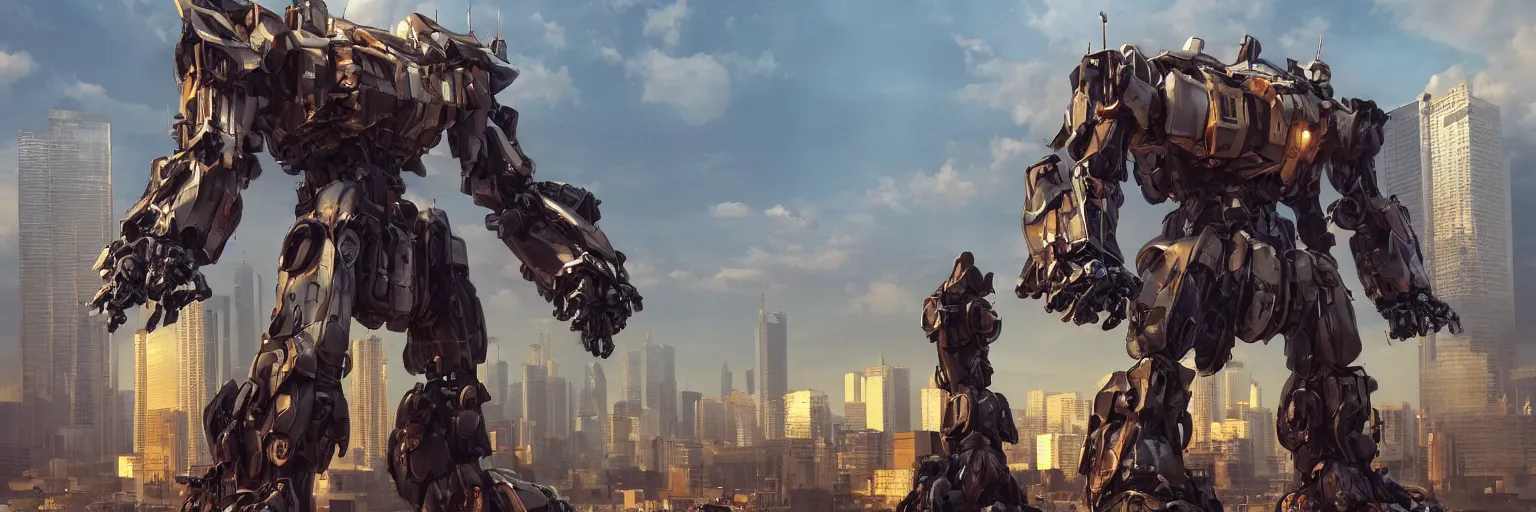 Image similar to a beautiful hyperrealistic ultradetailed 3D render of a gigantic mecha standing behinder the city, by brian sum and stephen martiniere and Antonio Manzanedo. mech, octane render, PBR, 3D, brilliantly colored, intricate, wide angle, volumetric lighting, polished, path tracing