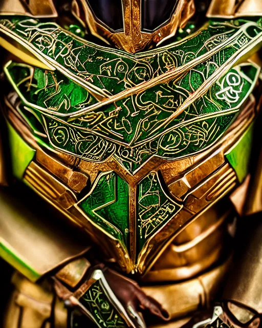 Image similar to an elf ranger wearing green and gold futuristic mecha armor with ornate rune carvings and glowing lining, very detailed, shot in canon 50mm f/1.2,