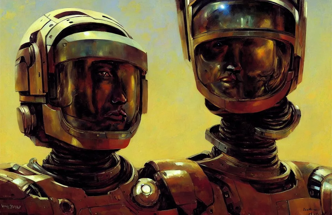 Image similar to portrait of futuristic space robot!!!!!!!!!!!!!!!!!!!!!!!!!!!, detailed face, detailed painting, epic lighting, by ilya repin, phil hale and kent williams