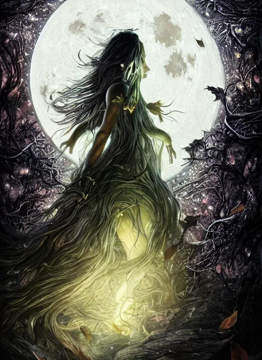 Image similar to glowing silver and golden elements, portrait, A beautiful dark witch in front of the full big moon, book cover, green forest, red white black colors, establishing shot, extremly high detail, foto realistic, cinematic lighting, pen and ink, intricate line drawings, by Yoshitaka Amano, Ruan Jia, Kentaro Miura, Artgerm, post processed, concept art, artstation, matte painting, style by eddie, raphael lacoste, alex ross