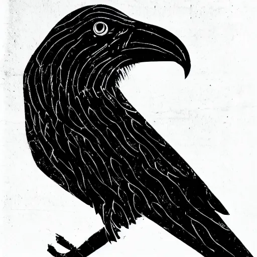 Prompt: crow, bold smooth block print, 4k, black ink on white paper