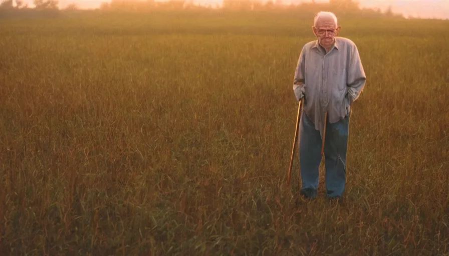 Image similar to cinematic movie still of an old man in a northwest new jersey in field, cinestill 8 0 0 t 3 5 mm eastmancolor, heavy grain, high quality, high detail, golden hour, warm light