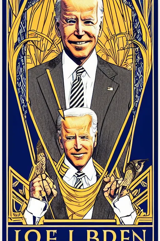 Prompt: joe biden tarot card art deco, art nouveau, by walter crane, by mark maggiori, trending on artstation