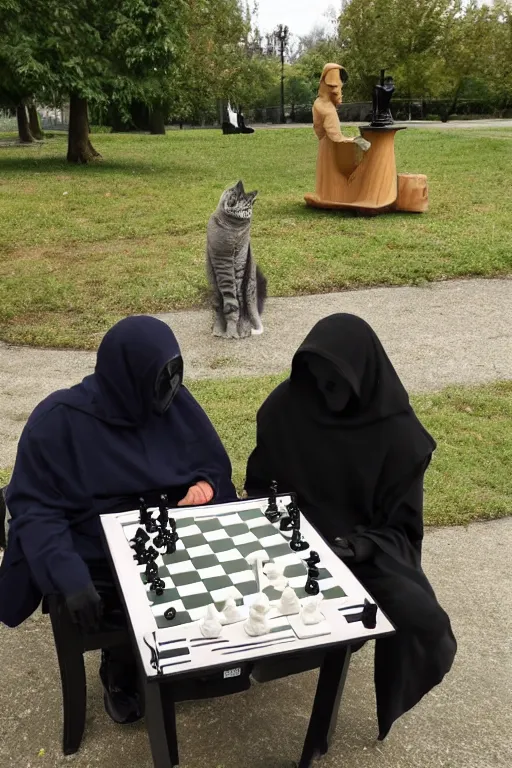 Image similar to Grim reaper and cat playing chess on a park table