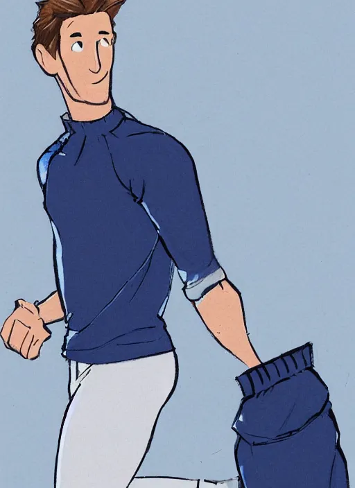 Prompt: a concept art of a man wearing a blue vest, navy blue sweater, black sports pants, fingerless gloves, and white running shoes