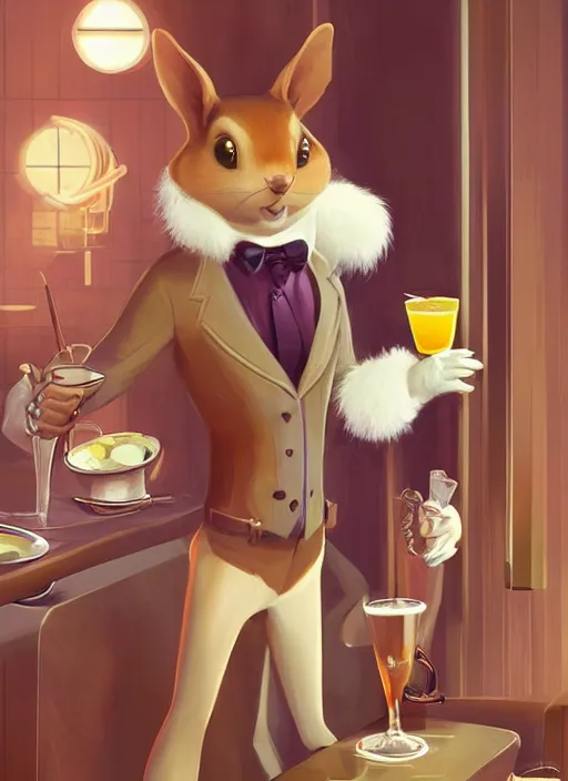 Image similar to squirrel anthro as a dapper bartender with a big, fluffy tail, retro futurism, art deco, detailed, painterly digital art by WLOP and Cory Loftis and Artgerm, 🐿🍸🍋, furaffinity, trending on artstation