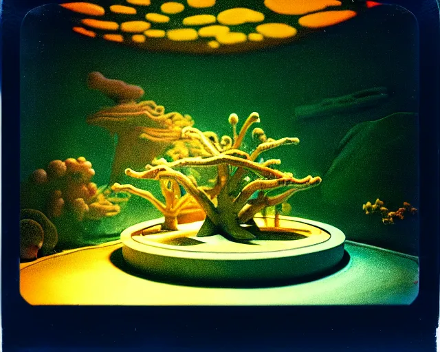 Prompt: low angle shot of a space station at night, aquatic plants, coral, shabby chic, cinematography by Jim Jarmusch, composition by Moebius, in the style of Neo Rauch, set design by Antonin Gaudí, 35mm, polaroid, color film photography