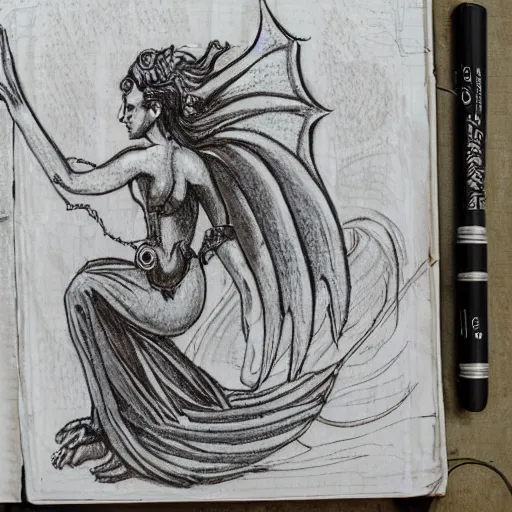 Image similar to a mythological sketch of a siren in a detailed survival journal