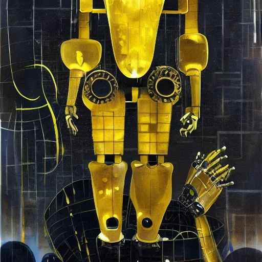 Prompt: a robot kerberos in yellow noir without memory nor feelings, althoughbhe believes he is a god, oil on canvas by dave mckean and james jean