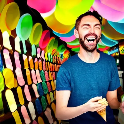 Image similar to thom york excitedly eating several colorful ice cream cones