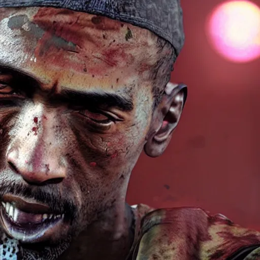 Image similar to TLOU The Last Of Us Screenshot tupac shakur from The Last Of Us full body model tupac shakur very rusty very worn out very torn texture