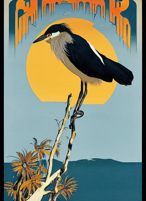 Image similar to a vintage art deco vacation poster for lake merritt in oakland depicting charles manson as a black crowned night heron with a smoky dark orange sky, by ernst haeckel, by alphonse mucha