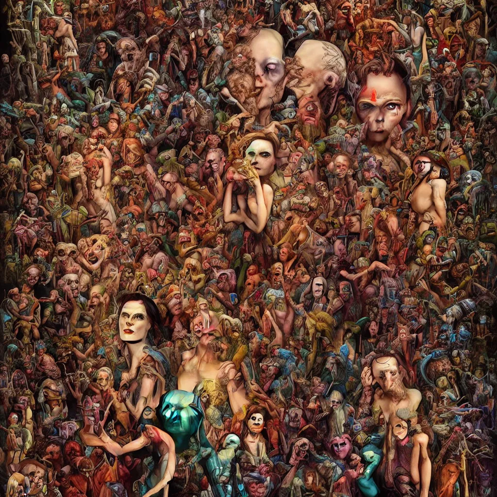 Image similar to 35mm color, humans enslaved by artificial intelligence, portrait, fashion shoot, freak show, weird, random, strange, hyperdetailed, photorealistic, interesting, by David la chapelle and karol bak and david cronenberg and WETA digital, art by Ivan Bilibin, Dariusz Zawadzki , ID magazine, octane rendering, cinematic, hyperrealism, octane rendering, 8k, depth of field, bokeh.