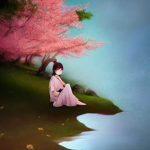 Prompt: Soft blur, digital art, anime, advanced digital art, girl sitting at the edge of a cliff overlooking a lake filled with sakura petals, light reflected on her face in the style of lariennechan. —W 1024 —H 1024