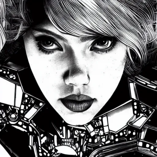 Image similar to scarlett johansson as a intricately detailed mechanical robot, black and white, dynamic angle, pencil and ink manga, elegant, highly detailed, dramatic lighting