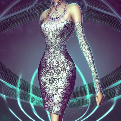 Image similar to a beautiful arabian woman wearing a futuristic dress by alexander mcqueen, artgerm, fashion show, futuristic, organic dress, seamless pattern, concept art, fantasy