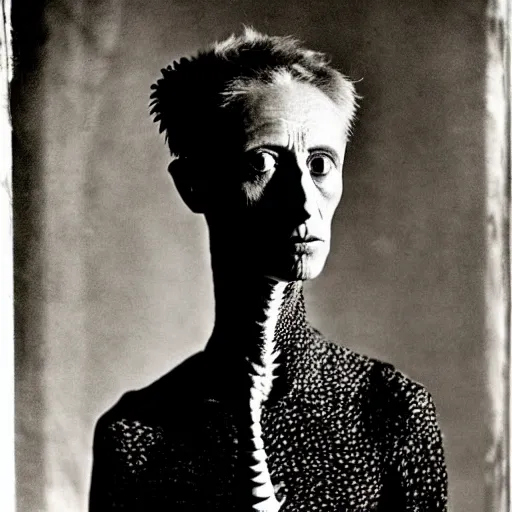 Prompt: photographic portrait max ernst sad woman giraffe feathers