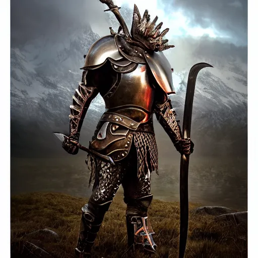 Image similar to full - body - portrait photo brutal nordic warrior, wearing intricate steel armor, holding magical fiery battle - axe, sharp focus, highland landscape with few trees background, magical aura, heroic pose, fantasy style, octane render, volumetric lighting, 8 k high definition, highly detailed, trending on artstation, centered